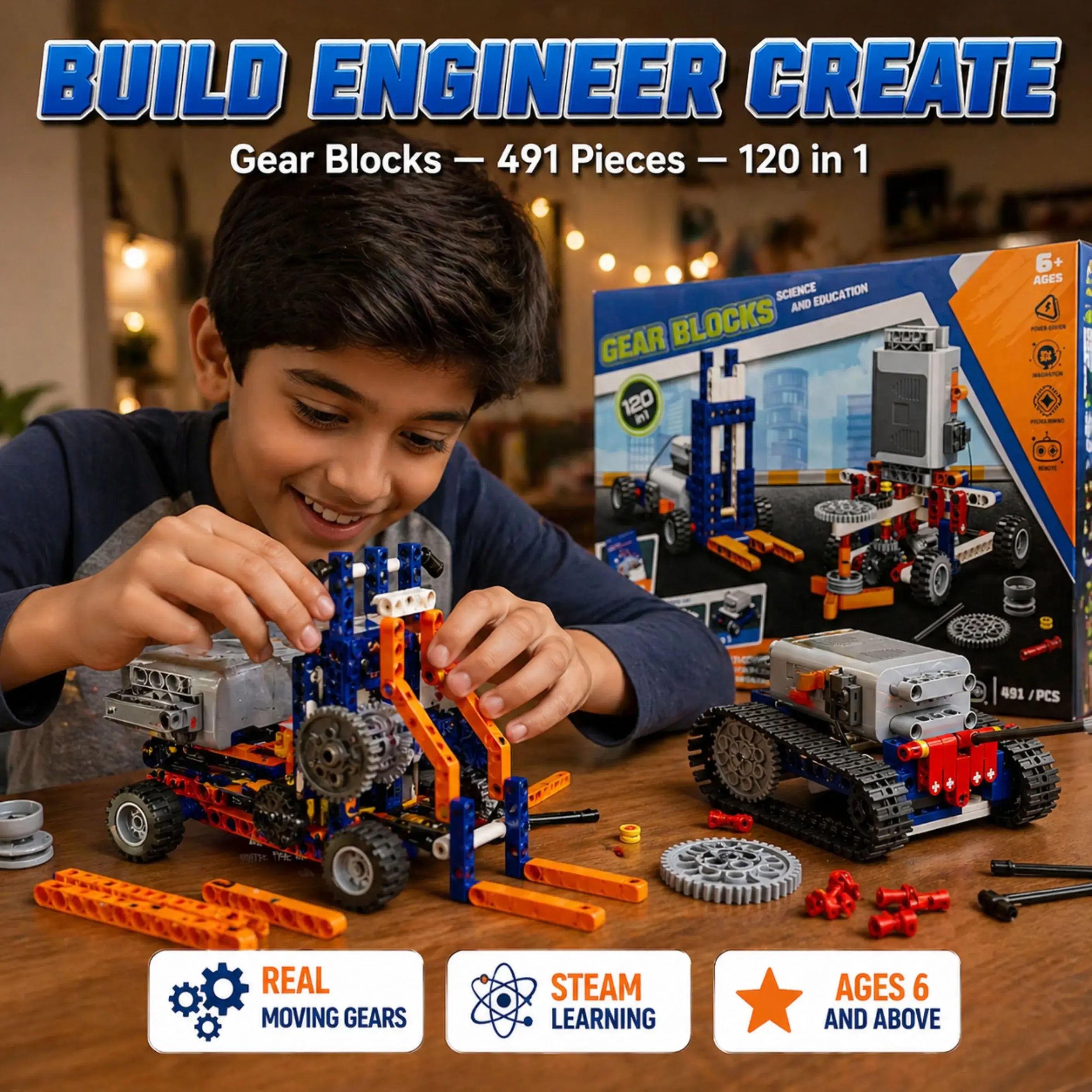 Gear Blocks Pro — 491-Piece 120-in-1 STEM Engineering Set