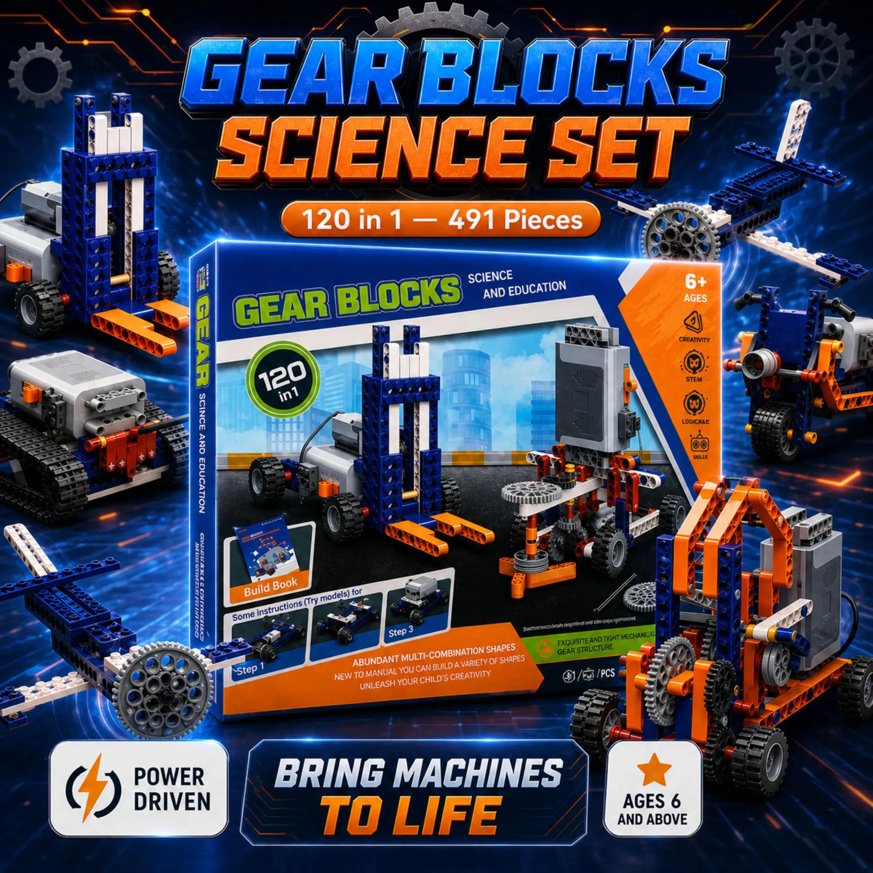 Gear Blocks Pro — 491-Piece 120-in-1 STEM Engineering Set