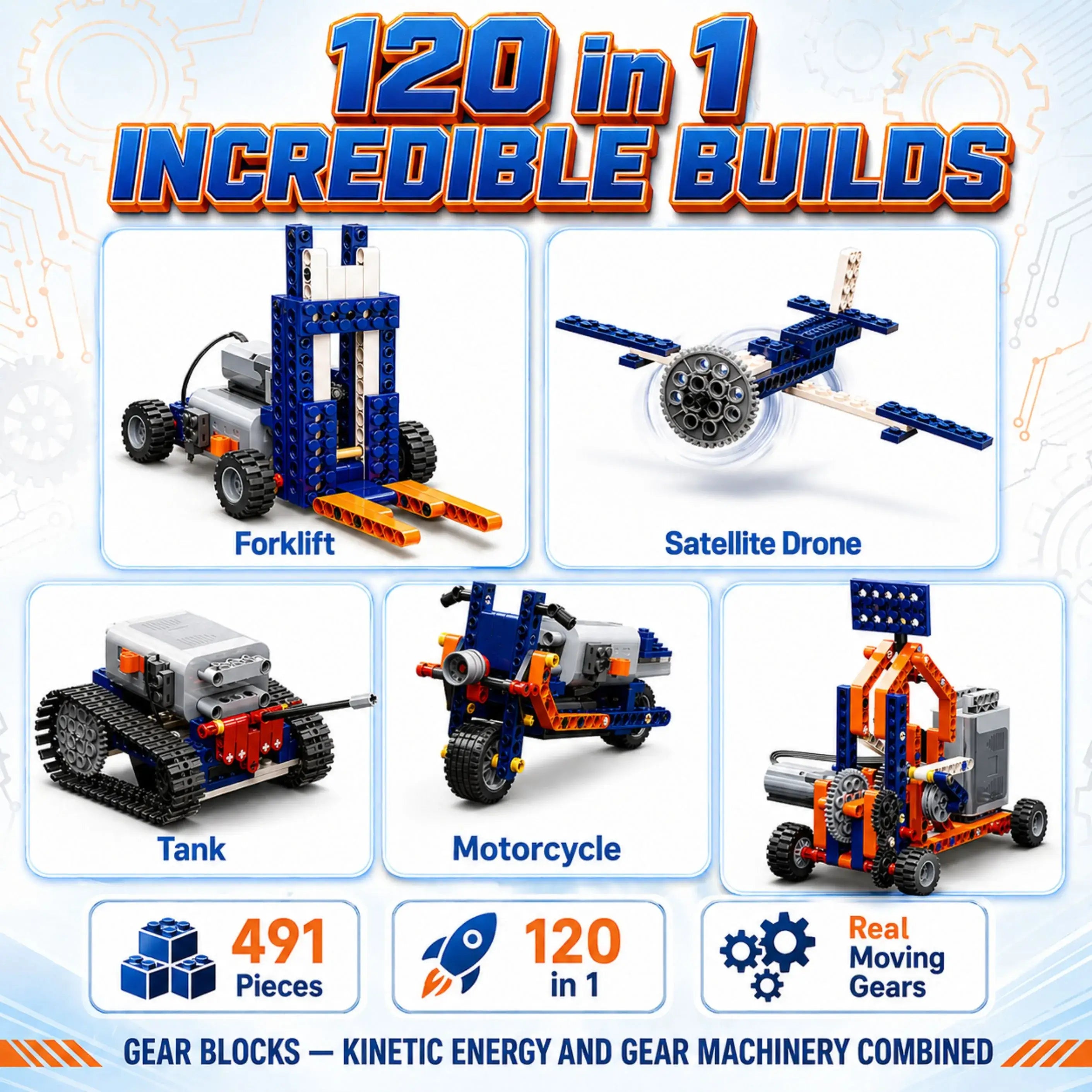Gear Blocks Pro — 491-Piece 120-in-1 STEM Engineering Set