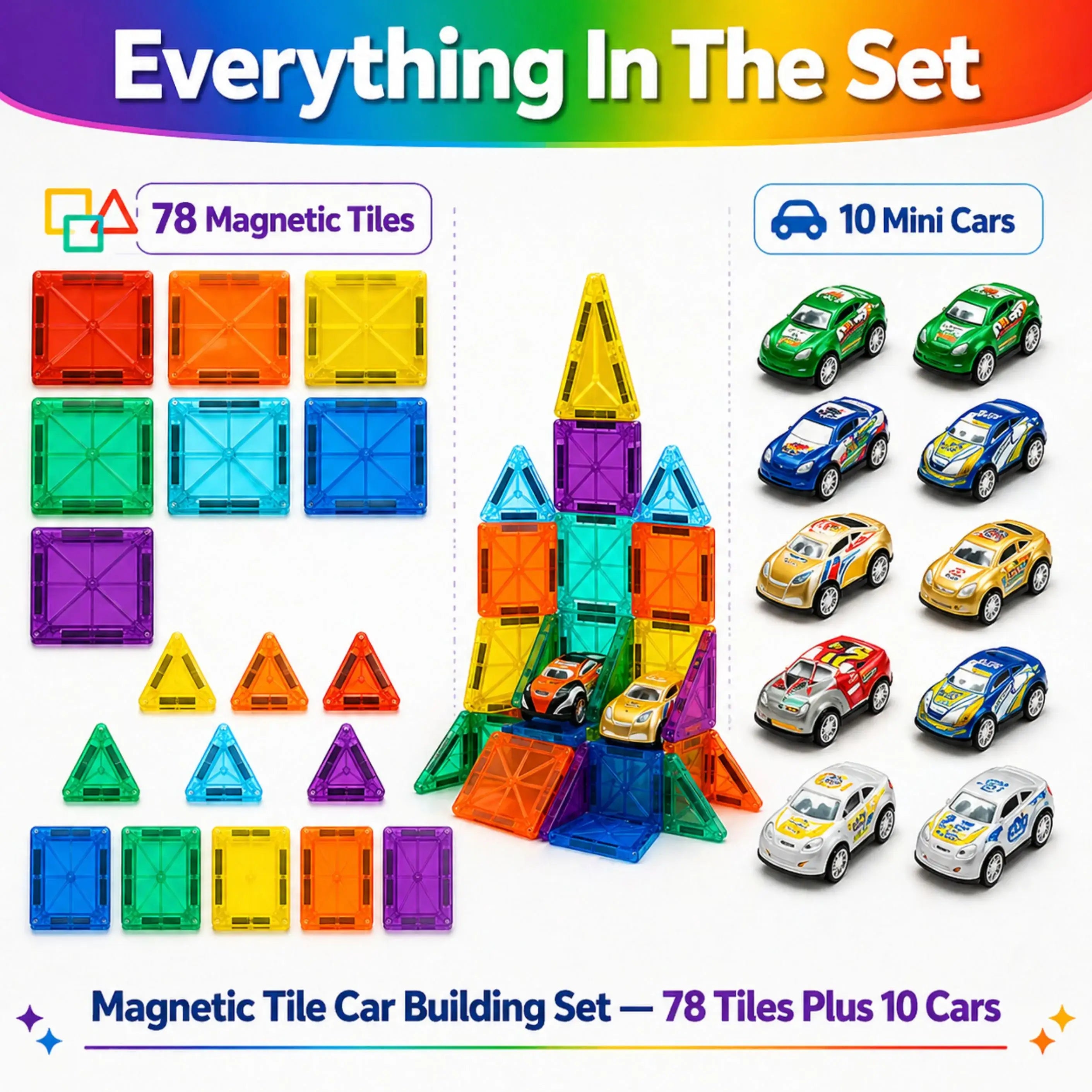 Magnetic Tile Car Building Set - 88 pieces
