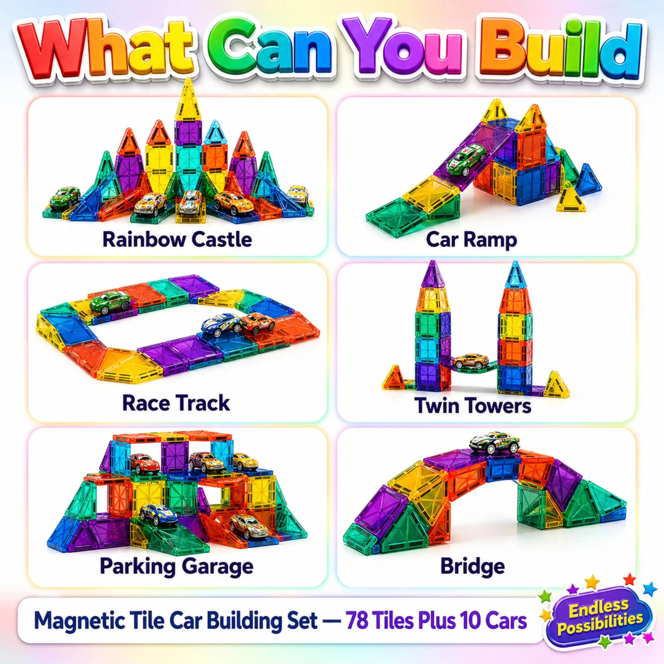 Magnetic Tile Car Building Set - 88 pieces