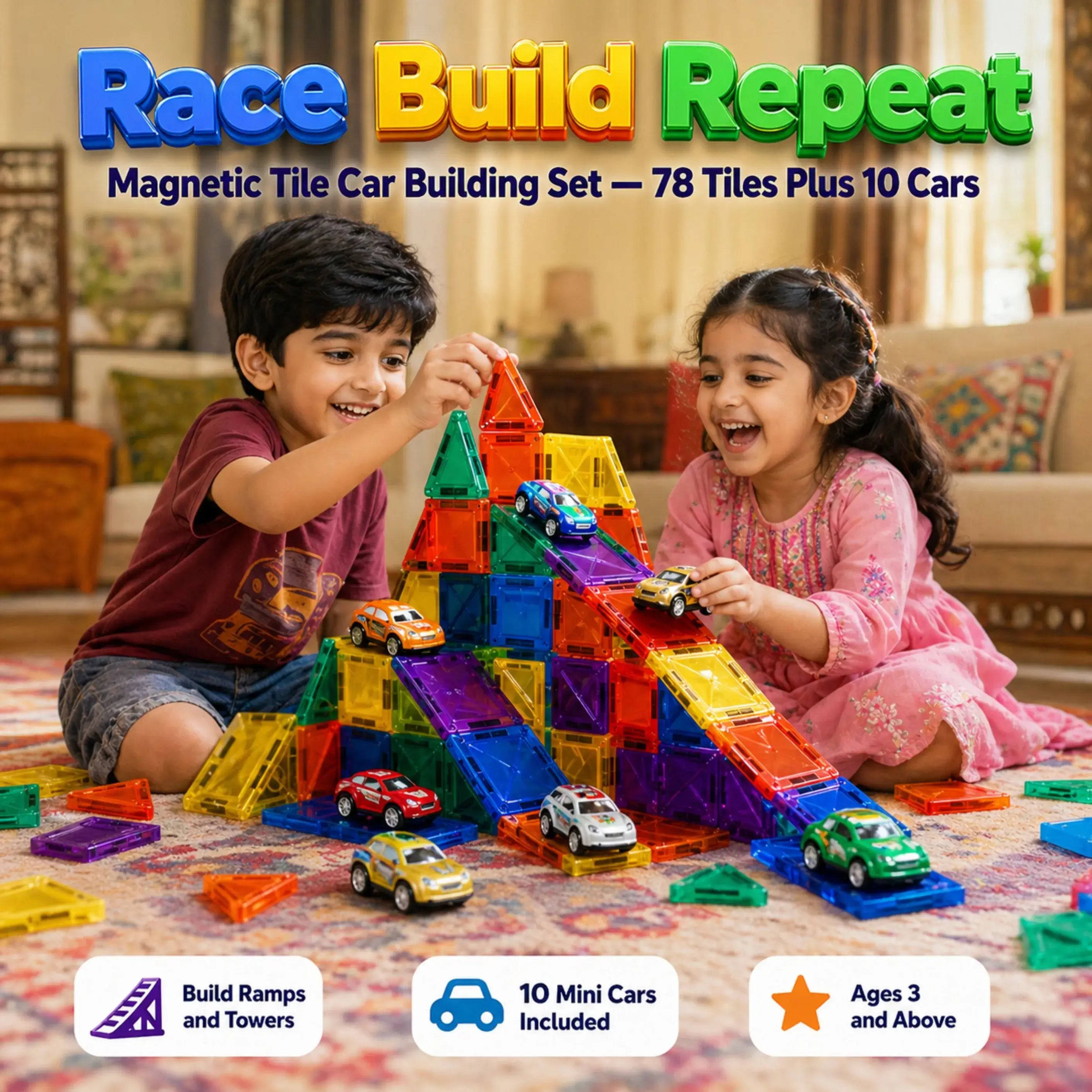 Magnetic Tile Car Building Set - 88 pieces