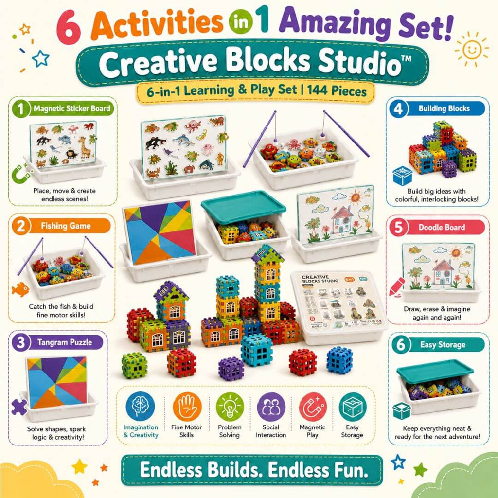 Creative Blocks Studio – 6-in-1 Learning & Play Set | 144 Pieces