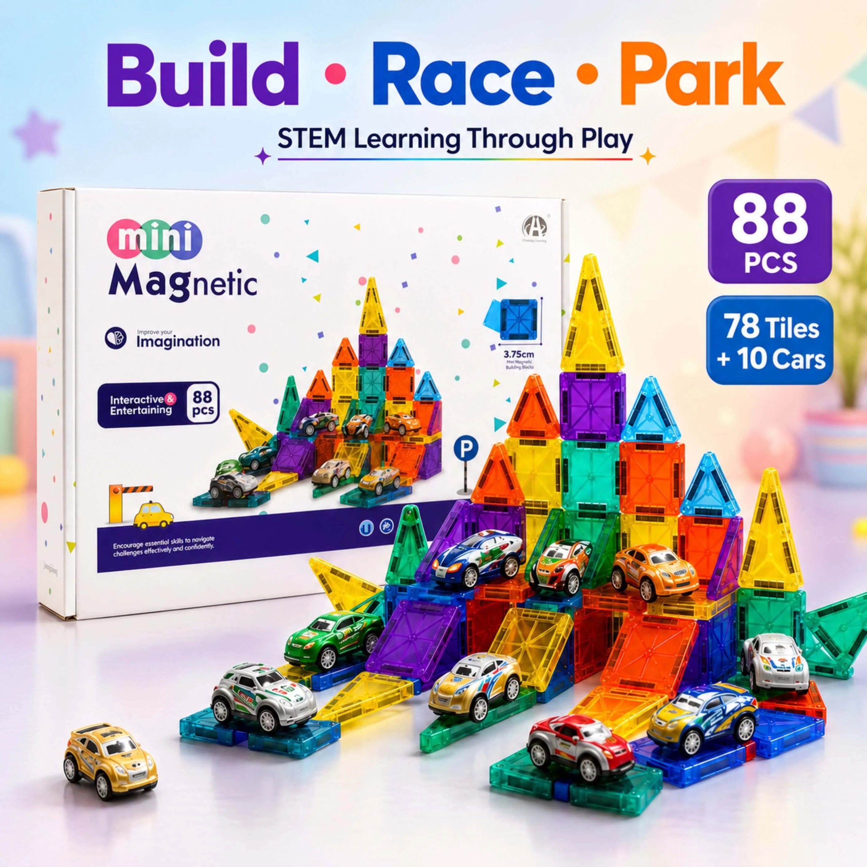 Magnetic Tile Car Building Set - 88 pieces